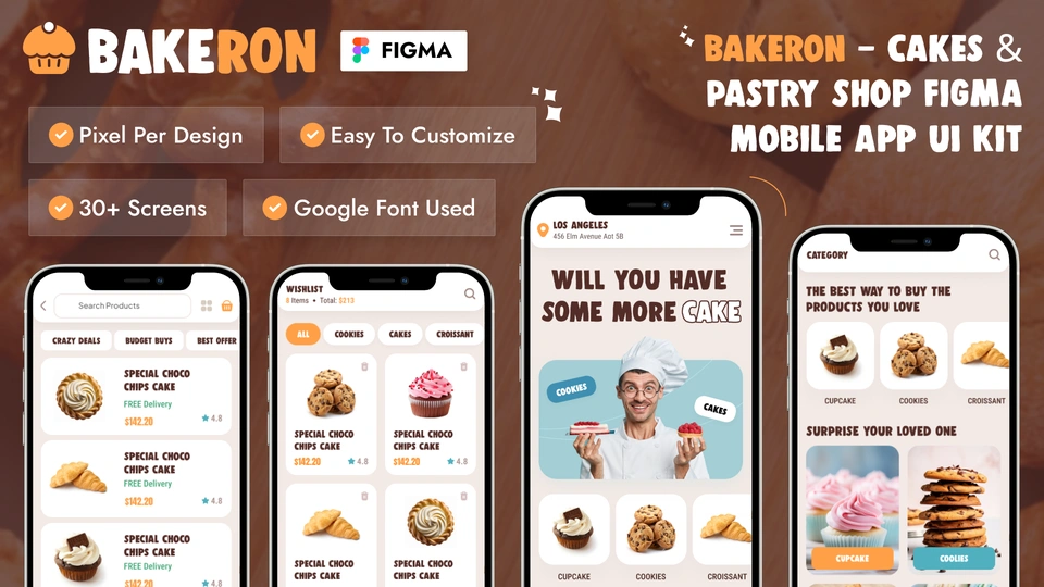 Bakeron - Cakes & Pastry Shop Figma Mobile App UI Kit