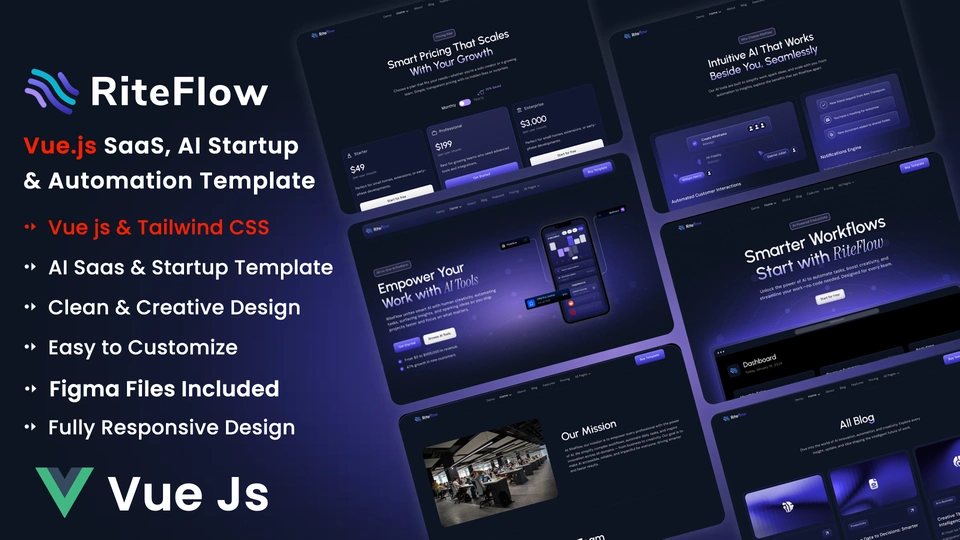 RiteFlow - Vue.js 3 AI Startup, SaaS & Automation Tech Business Template