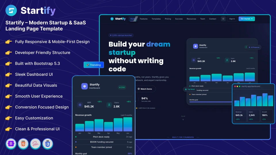 Startify - Startup & SaaS Landing Page Template with Light and Dark Mode