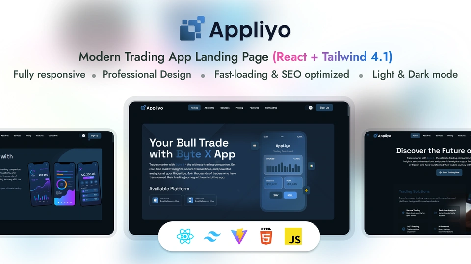 Appliyo - Crypto Trading Landing Website Template React Tailwind Modern