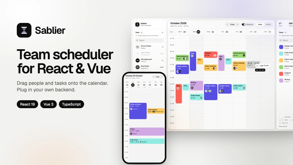 Sablier - Team Scheduler Template with Drag and Drop for React and Vue