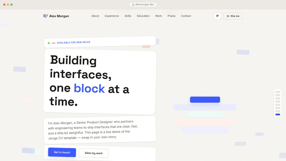 Jenga CV - Scroll-Animated HTML Resume Template