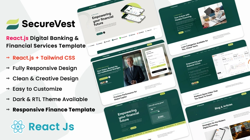 SecureVest - React Digital Banking & Financial Services Template