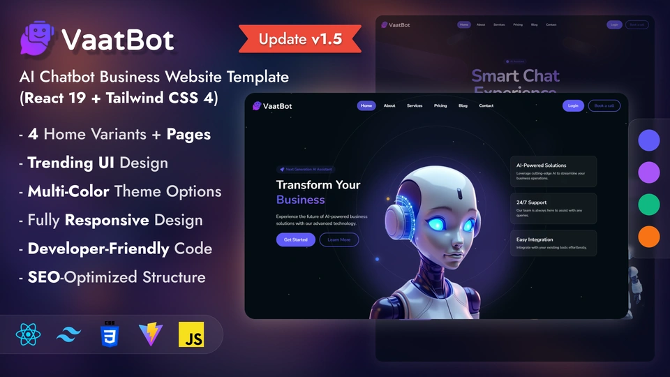 VaatBot - AI Chatbot Landing Website Template React Tailwind Modern SaaS