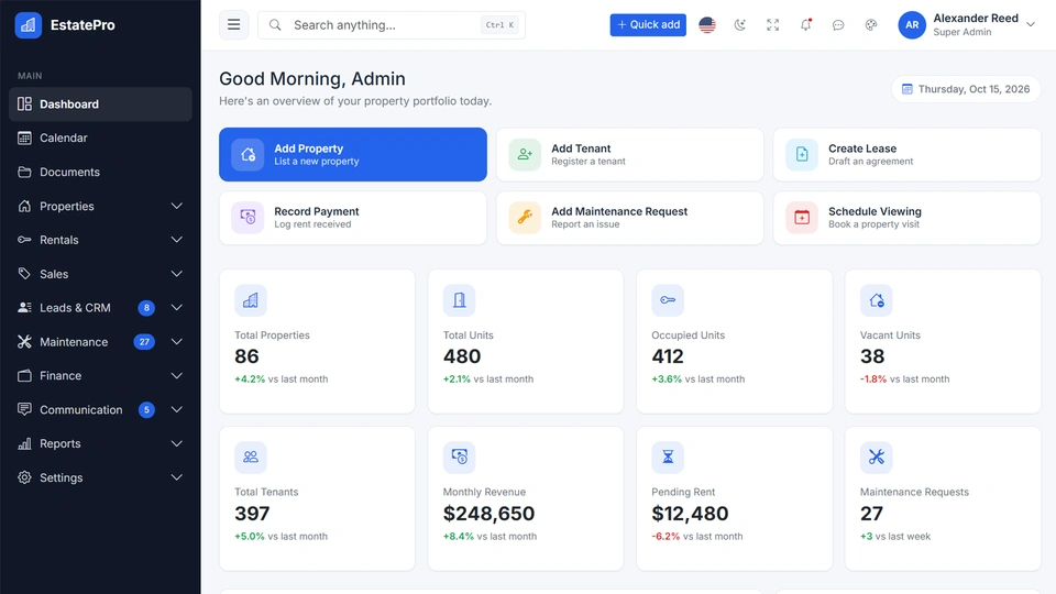 EstatePro - Real Estate Business Management Admin Dashboard Template