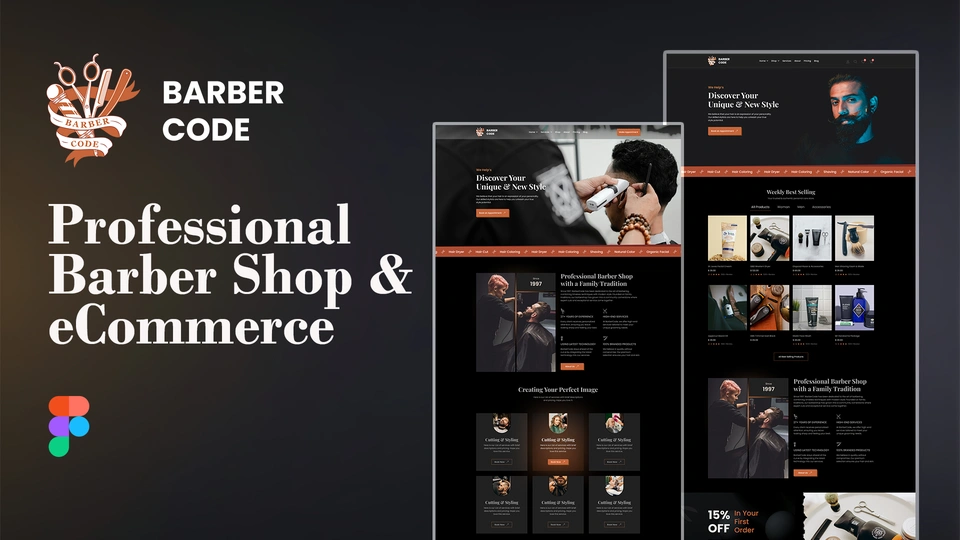 Barber Code - Barber Services and eCommerce Figma Template