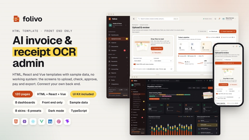 Folivo - AI Invoice & Receipt OCR Admin Dashboard Template HTML, React, Vue