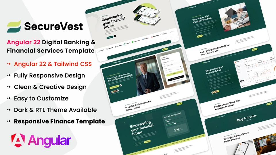 SecureVest - Angular 22 Digital Banking & Financial Services Template