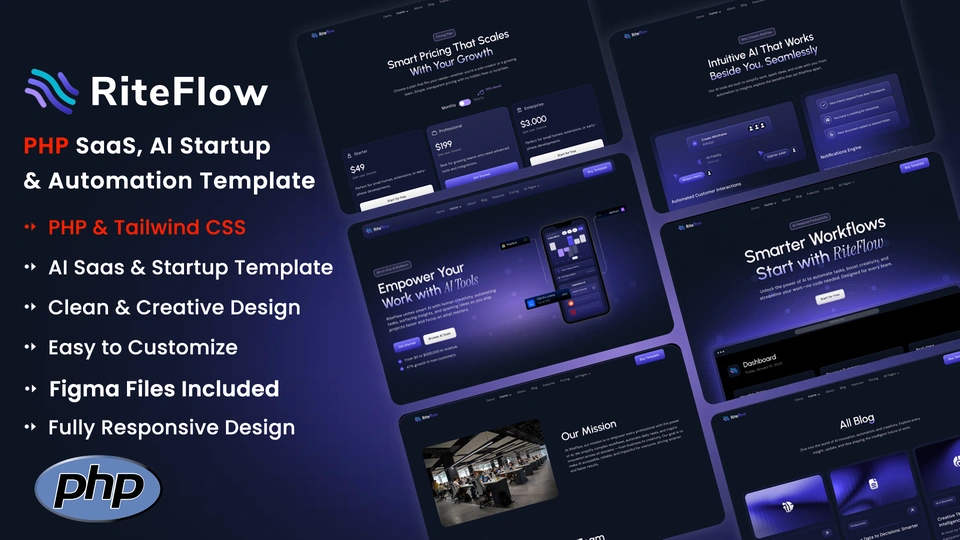 RiteFlow - PHP AI Startup, SaaS & Automation Tech Business Template