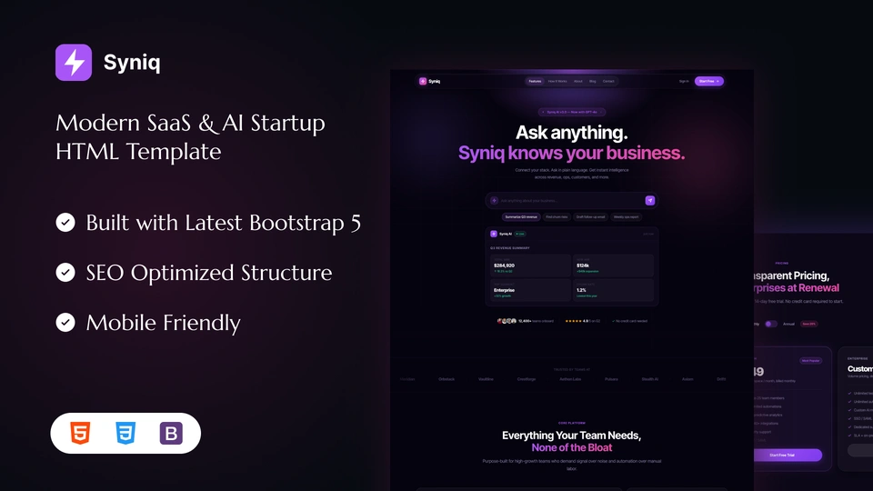 Syniq - Modern SaaS & AI Startup HTML Template