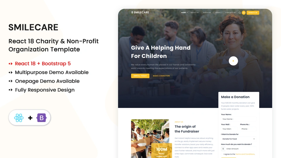 Smilecare - React Charity Donation & Non-Profit Organization Template