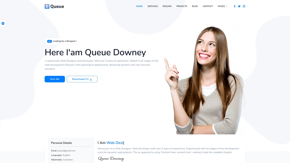 Queue - Personal Portfolio, Resume Template
