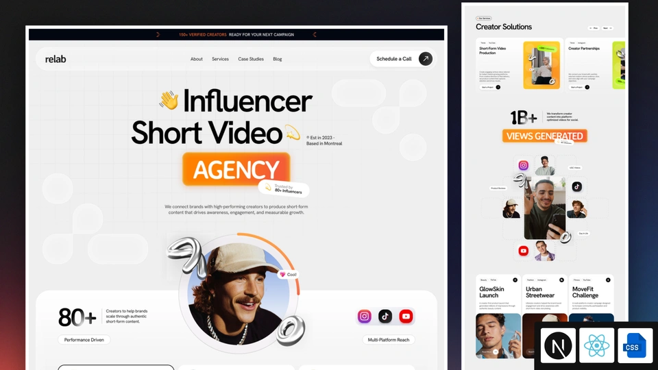 Relab - Next.js 16 Influencer Marketing and Short-Form Video Agency Template
