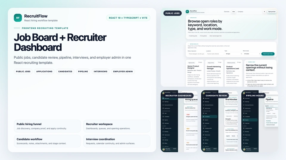 RecruitFlow - React Job Board & Recruiter Dashboard Template